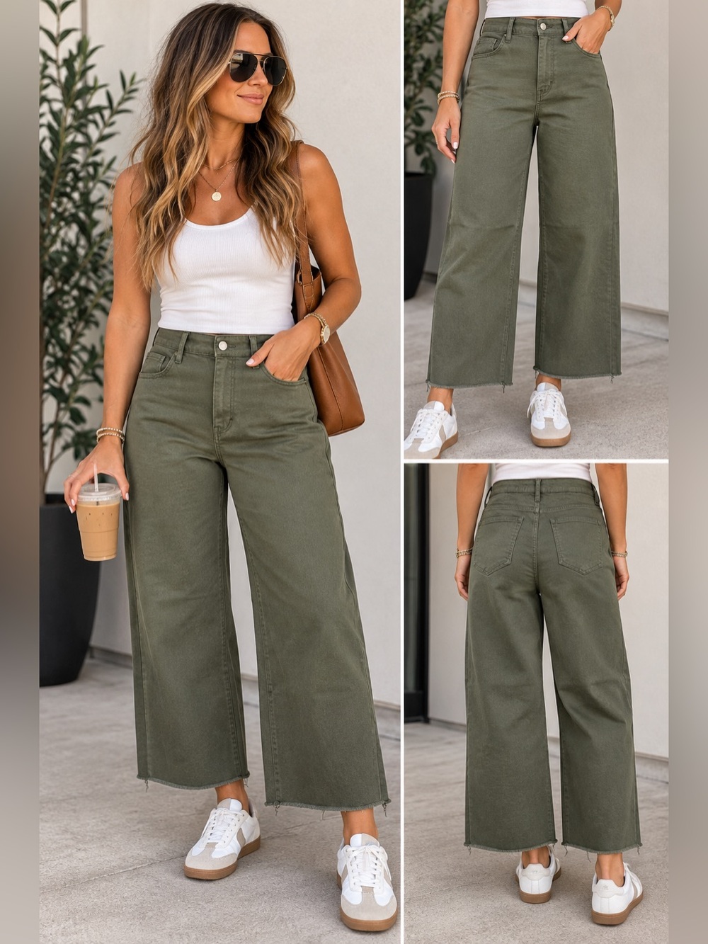 NWT Risen Frayed Hem Ankle Wide Leg Pant in Olive Green Size 31